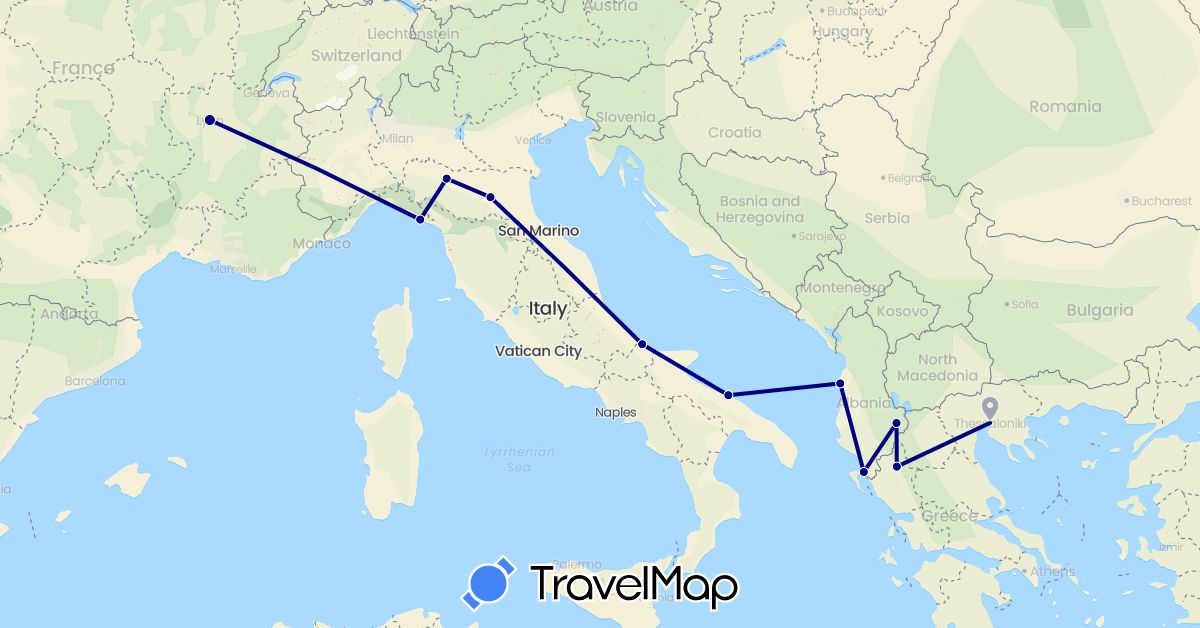 TravelMap itinerary: driving in Albania, France, Greece, Italy (Europe)